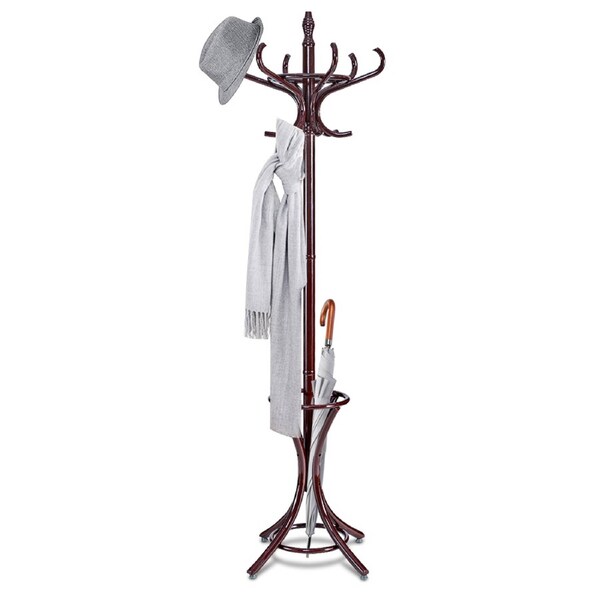 Costway 12 Hook Wood Coat & Hat Rack Clothes Stand Storage Tree Shelf for Living Room Bedroom Brown