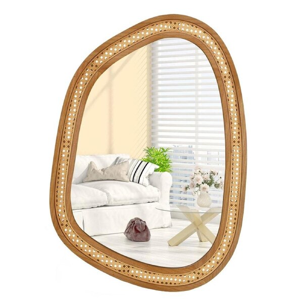 Costway Irregular Rattan Mirror Wall-Mounted Decorative Mirror w/Aluminium Mirror/PVC Frame Hanging Makeup Wall Mirror Round Mirror Gold