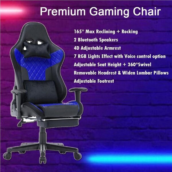 AGX 7 RGB Lights Bluetooth Speaker Gaming Chair Ergonomic Racing chair 165° Reclining Gaming Seat 4D Armrest Footrest Black&Blue