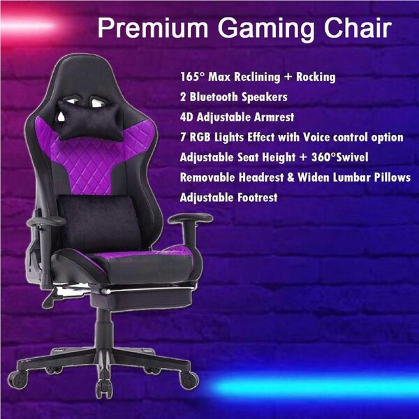 AGX 7 RGB Lights Bluetooth Speaker Gaming Chair Ergonomic Racing chair 165° Reclining Gaming Seat 4D Armrest Footrest Black&Purple