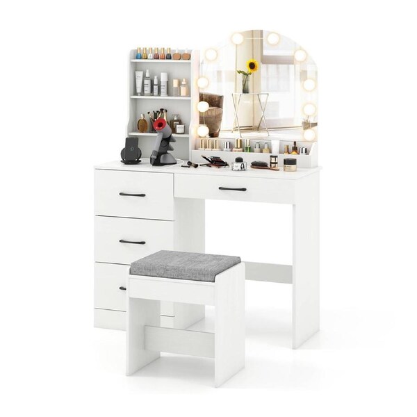 Giantex Dressing Table and Stool Set Makeup Vanity Desk w/Charging Station White