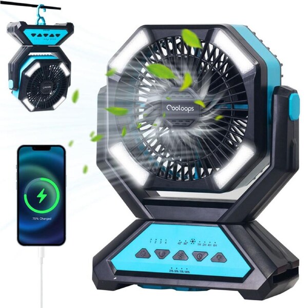 Catzon 20000mAh Camping Fan with LED Light Auto-Oscillating Desk Fan with Remote Hook 4 Timers USB Fan for Camping Jobsite-Blue