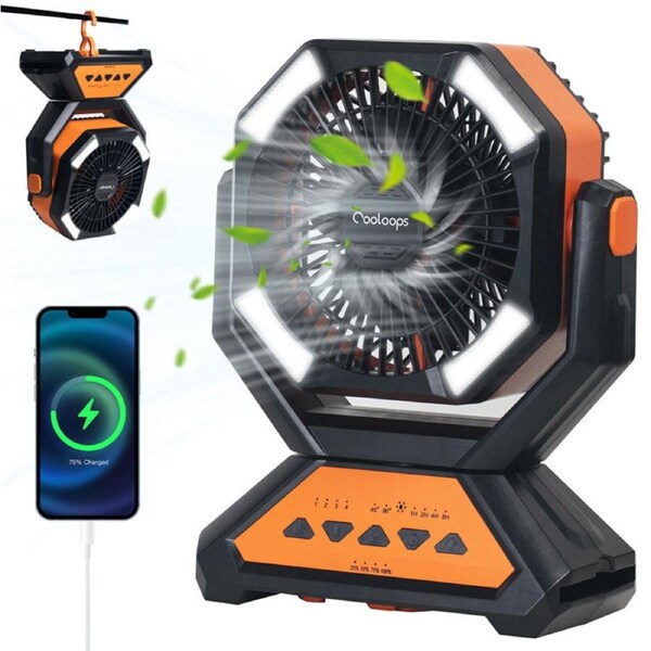 Catzon 20000mAh Camping Fan with LED Light Auto-Oscillating Desk Fan with Remote Hook 4 Timers USB Fan for Camping Jobsite-Orange
