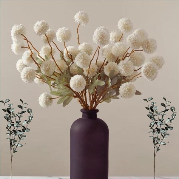 DelSol Artificial Mums Eucalyptus Faux Chrysanthemum Flowers 12PCS Silk Faux Kiku for DIY Bouquet Table Centerpieces White