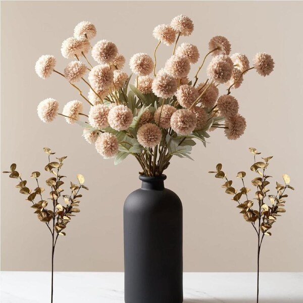 DelSol Artificial Mums Eucalyptus Faux Chrysanthemum Flowers 12PCS Silk Faux Kiku for DIY Bouquet Table Centerpieces Beige