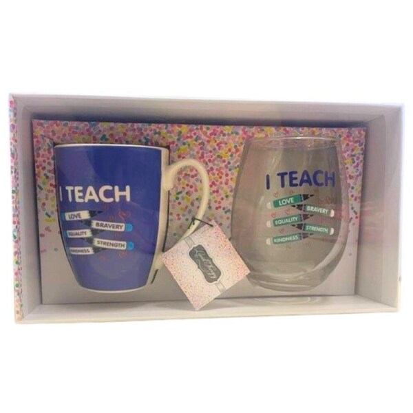 Teacher Mug and Stemless Wine Glass Gift Set - I Teach Love Bravery Kindness