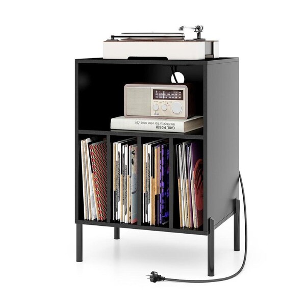 Costway Record Player Stand Turntable Stand w/Charging Station & USB Port Vinyl Storage Cabinet Bedside Table Black