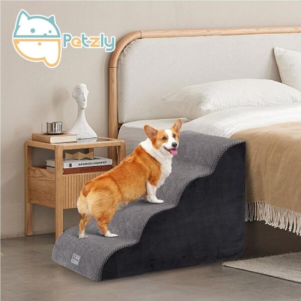 Petzly 4 Tiers Dog Steps Pet Stairs Ramp Portable Bed Ladder Washable Cover