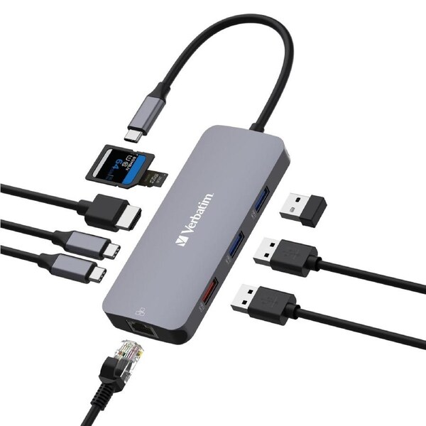 Verbatim USB-C Pro Multiport Hub 9 Ports,1 x HDMI, 1 x RJ45, 2 x USB-C 3.2 Gen2, 1 x USB-A 3.2 Gen2, 2 x USB-A 3.2 Gen1, 1 x SD card slot, 1 x microSD 32152