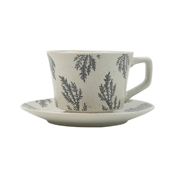 High-Fired Ceramic Stoneware Speckle Cup & Saucer Set 380ml Floral Tea Spoon EARTHY GREY