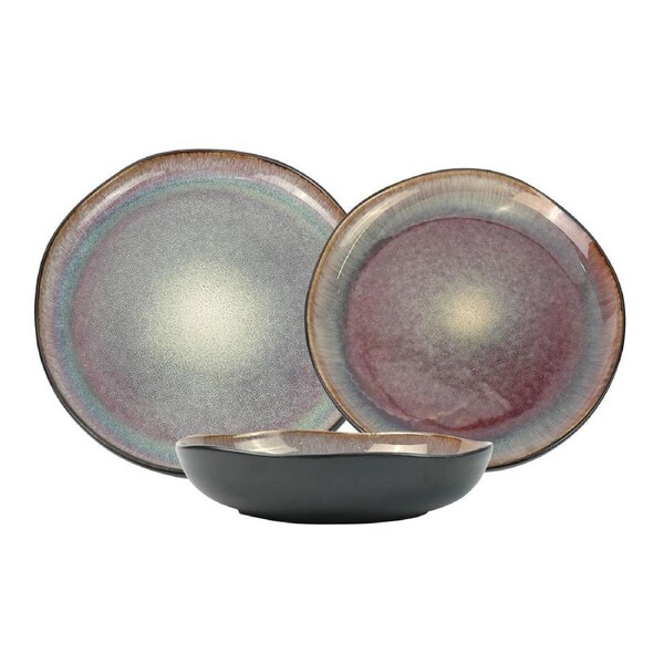 3 Pieces Reactive Glazed Ceramic Organic Fine Dinner Set with Plate and Bowl EARTHY BLUE BROWN