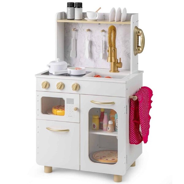 Babyjoy Kids Kitchen Set Pretend Play Kitchen w/Microwave & Oven Wooden Cooking Chef Toy White