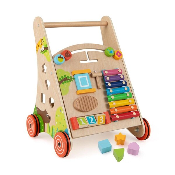 Babyjoy All-in-1 Wooden Baby Walker Sit to Stand Montessori Toy w/Storage Push & Pull Activity Walker