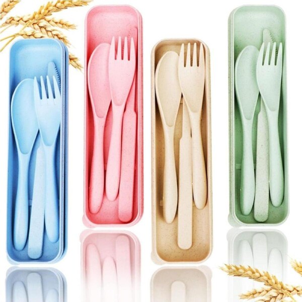 Reusable Travel Utensils Set with Case, 4 Sets Wheat Straw Portable Knife Fork Spoons Tableware, Eco-Friendly BPA Free Cutlery for Kids Adults Picnic Camping Utensils