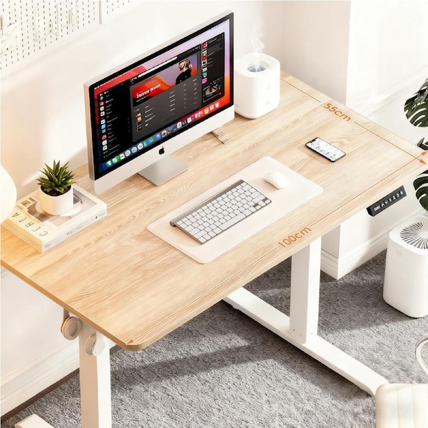 ApexSpace Height Adjustable Electric Standing Desk with Hooks and Metal Frame, Oak 100 x 55cm