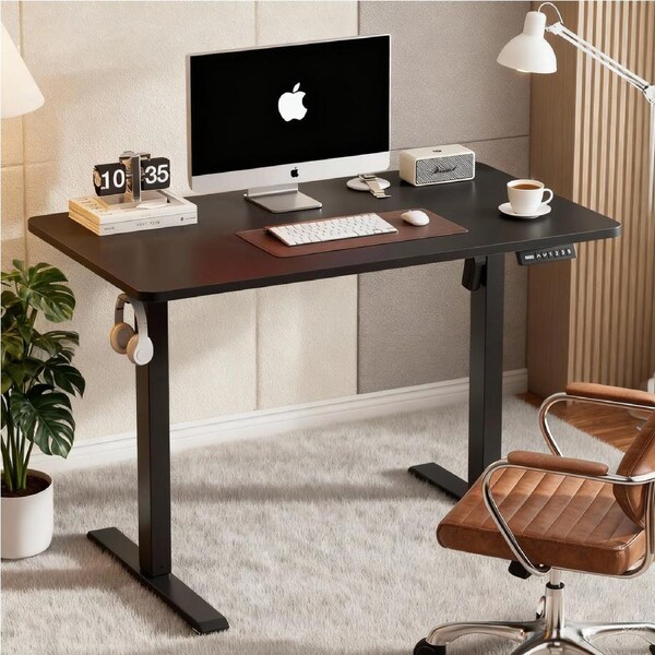 ApexSpace Height Adjustable Electric Standing Desk with Hooks and Metal Frame, Black 100 x 55cm