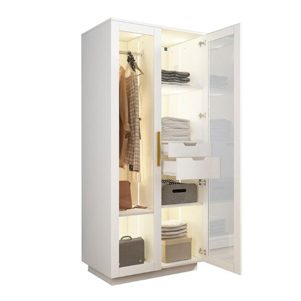 LED Wardrobe Cabinet Armoire Closet Clothes Organiser Storage Shelves Drawers Glass Door Wooden Bedroom Furniture Hanging Rail Rod White 80x50x180cm