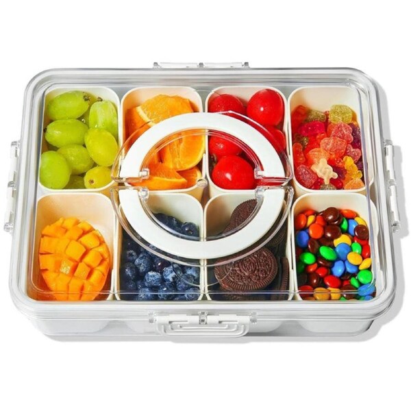 Divided Serving Trays with Lids and Handle, Multi-Purpose 8 Compartments Food Storage Lunch Organizer Kitchen Keeping Tidy Portable Snack Platters Organizer for Candy Fruits Nuts Spices