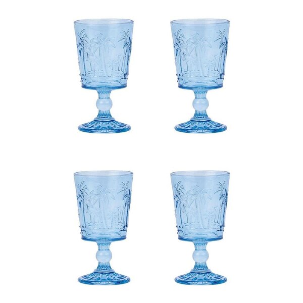 4pc Annabel Trends Goblet Glass Palm Tree Wine Cup Set Barware 16cm Blue