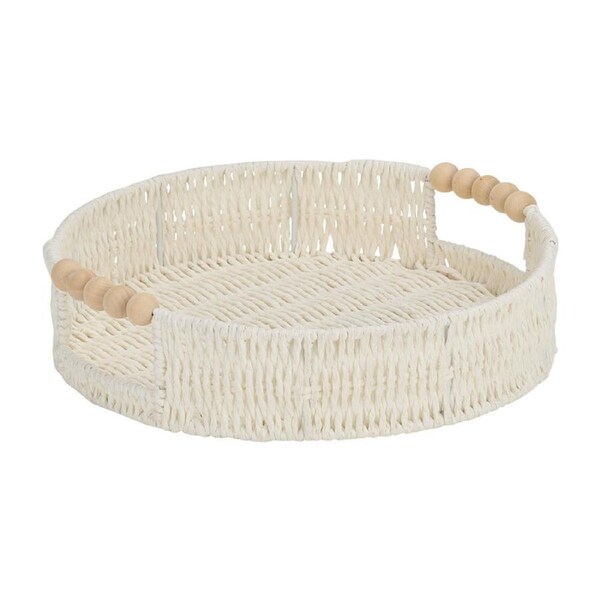 Annabel Trends Papier Woven Tray Decor w/ Beaded Handle Round 30x6.5cm White