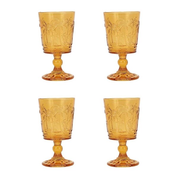 4pc Annabel Trends Goblet Glass Palm Tree Wine Cup Set Barware 16cm Amber