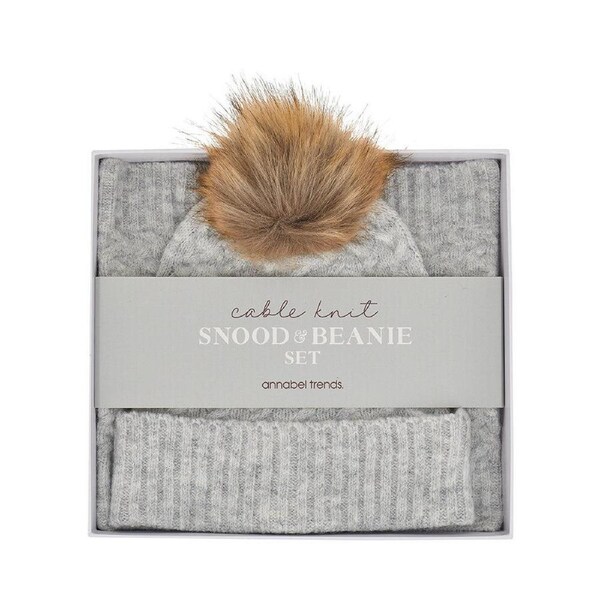 Annabel Trends Cable Knit Snood Neck Warmer & Beanie Set 23x25cm Grey Marle