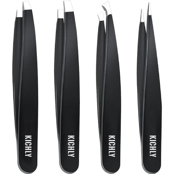 KICHLY Tweezers - Professional Stainless Steel Tweezers - Eyebrow Plucking - Set of 4 Precision Tweezers for Ingrown Hair, Facial Hair, Splitters, Blackheads and Tick Removal