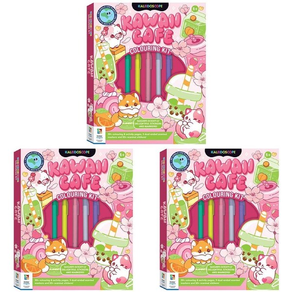 3PK Kaleidoscope Kawaii Cafe Markers & Stickers Kids Colouring Kit 64-Pages