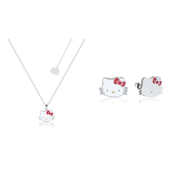 Couture Kingdom Hello Kitty Head Enamel Necklace & Stud Earrings Set Silver