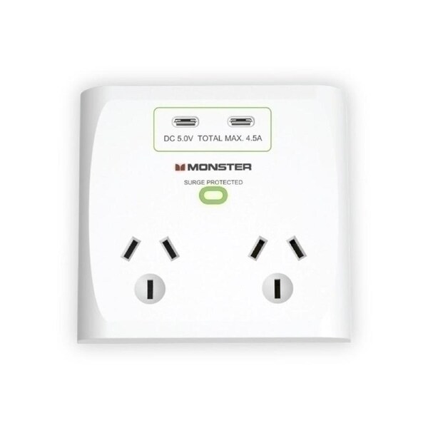 Monster Dual Socket Surge Protector with Dual USB-C Ports - White