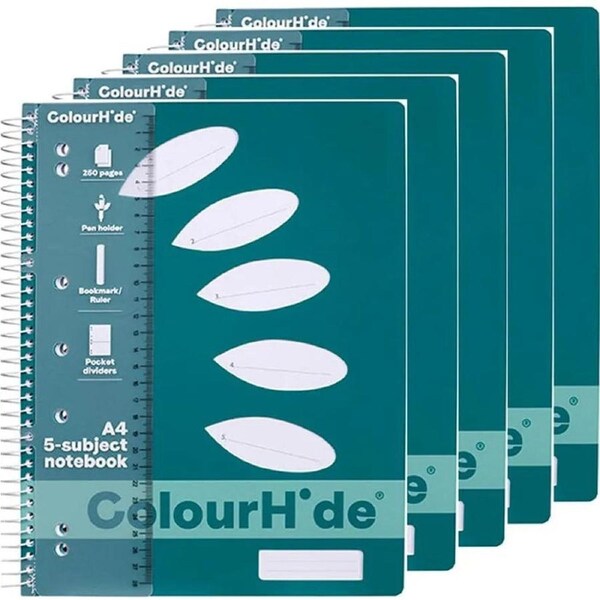 Colourhide 5-Subject Section Notebook 250 Page A4 Teal Green Book