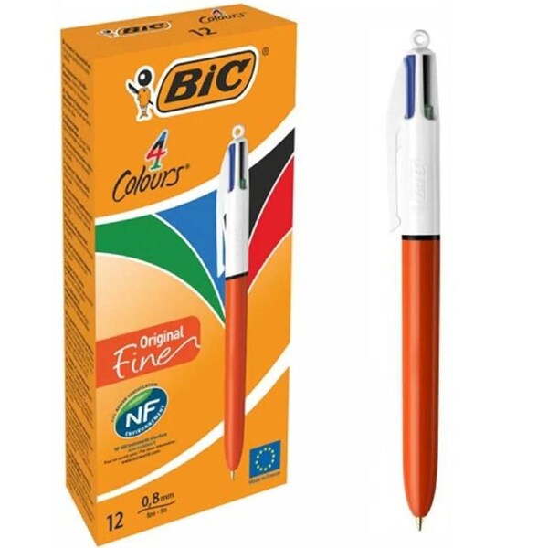 BIC 4 Colour Retractable Ballpoint Pen Fine Orange Barrell Box 12