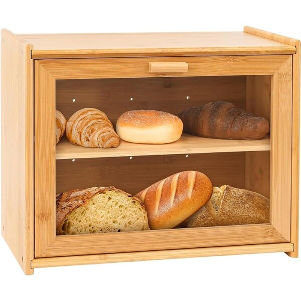CARLA HOME Double Layer Bamboo Bread Box for Kitchen Counter with Large Capacity and Transparent Window