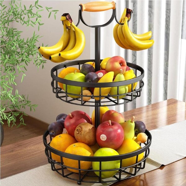CARLA HOME 2-Tier Fruit Basket Bowl Storage with Wood Lift Handle and Dual Banana Tree Hanger for Kitchen Countertop
