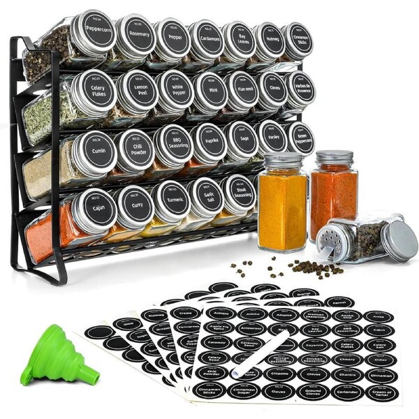 CARLA HOME Spice Rack organiser with 28 Spice Jars, Spice Labels, Funnel and Marker for Kitchen Countertop
