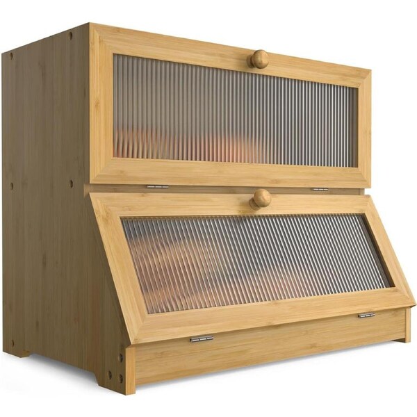 CARLA HOME Double Layer Bamboo Bread Box for Kitchen Counter with Large Capacity and Clear Window