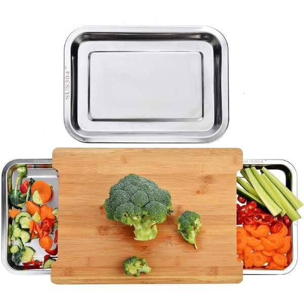CARLA HOME Chopping Board with with 2 Organiser Stainless Steel Trays Containers