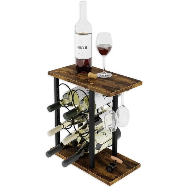 CARLA HOME Wine Rack Countertop Wooden & Metal Holder for 6 Bottles & 2 Glasses