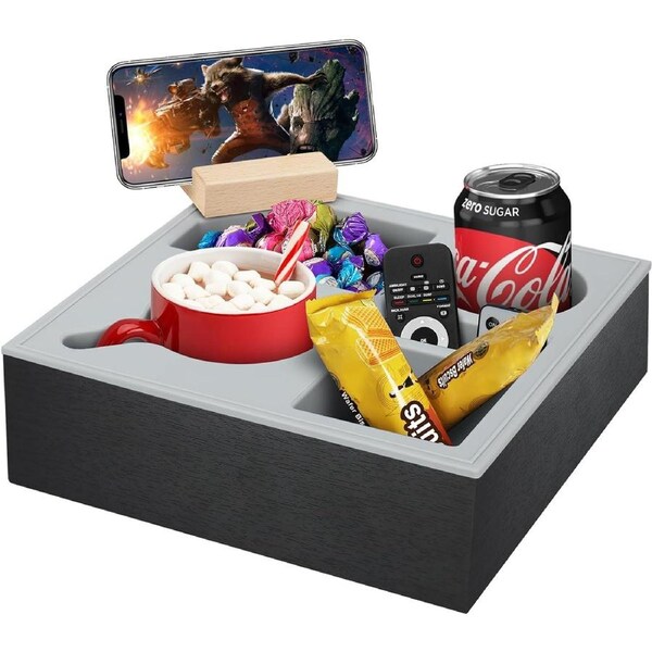 CARLA HOME Wooden Couch Cup Holder Tray with Soft Silicone & Rotatable Phone Holder for Storaging Drinks & Snacks
