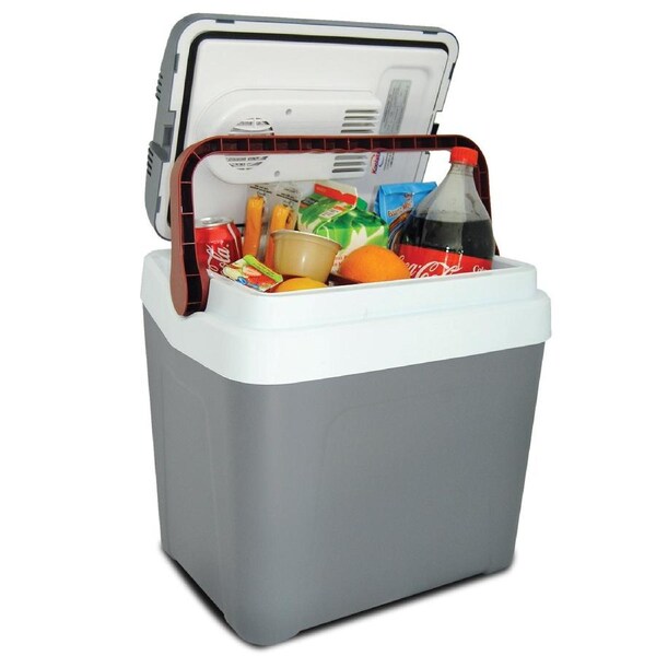 Koolatron 12V Electric Cool Box, 24L Thermoelectric Car Fridge, Self-Locking Handle, 12 Volt DC Connection, Plug In Iceless Portable Fridge (Grey/Red)