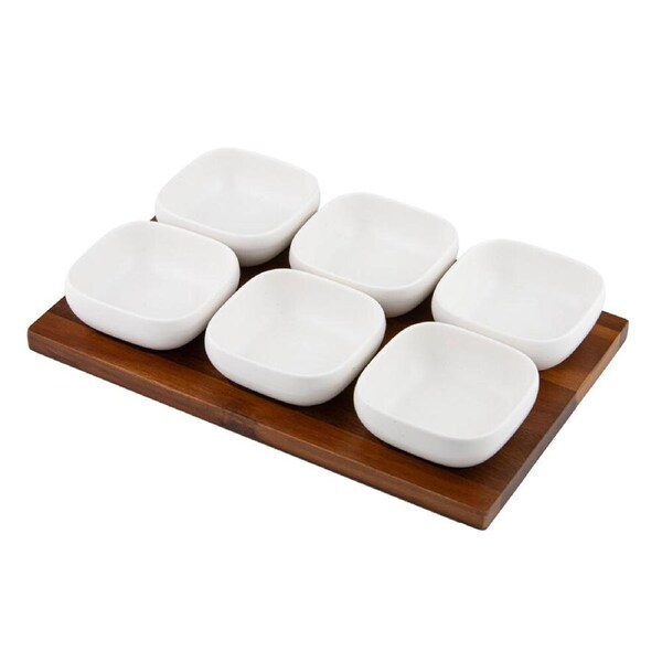 7pc Ladelle Essentials Serve Bowl & Wooden Tray Serveware Set 34.5cm White