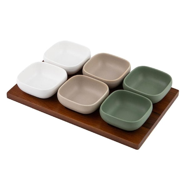 7pc Ladelle Essentials Serve Bowl & Wooden Tray Serveware Set 34.5cm Assorted