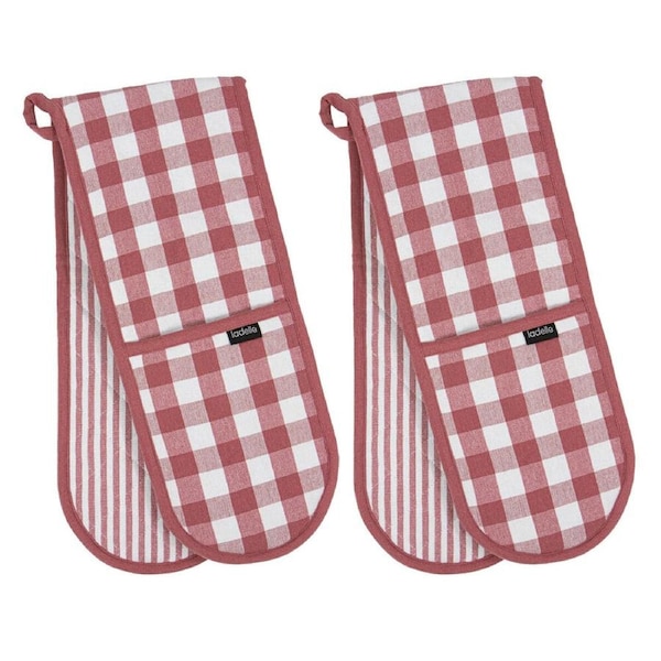 2PK Ladelle Double Oven Mitt/Mittens Kitchen Cooking 17x89cm Eco Gingham Blush