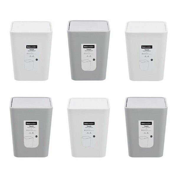 6PK Boxsweden Touch Swing Bin Square Home/Office 2.7L 14.5x14.5x18cm Assorted