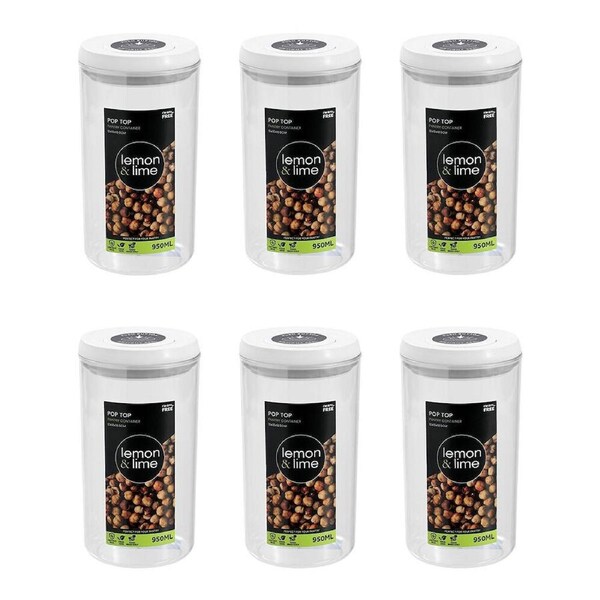 6PK Lemon & Lime Pop-Up Lid Pantry Storage Container Round 950ml 10x10x18.5cm