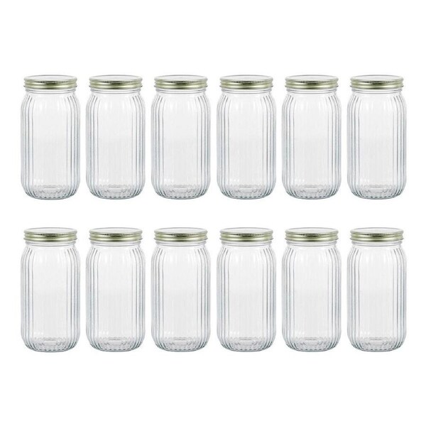 12PK Lemon & Lime Roma Ribbed Conserve Glass Jar with Air-Tight Screw Lid 1L