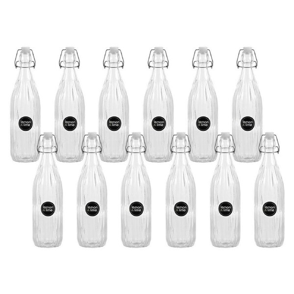 12PK Lemon & Lime Functional Glass Air-Tight Clip Lid Ribbed Bottle Storage 1L