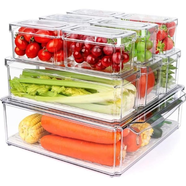 10 Pack Clear Stackable Fridge Organiser Bins with Lids & Drain Tray, Large Size Plastic Food Storage Containers for Fruit & Vegetable Storage, Kitchen Storage & Organisation, Refrigerator Organizers