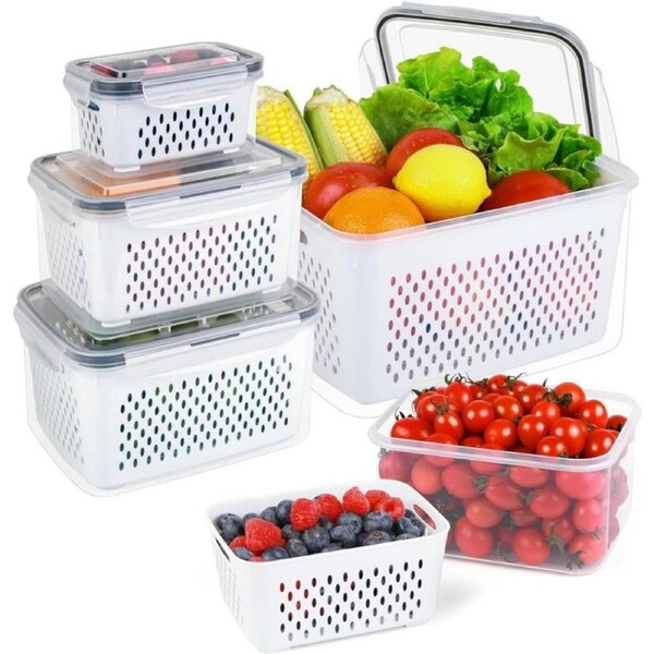 5 Pack Fruit Storage Containers for Fridge with Removable Colanders, Food Storage Containers with Lids, BPA-Free Produce Leakproof Containers Keep Fruits, Vegetables, Berry, Meat Fresh Longer
