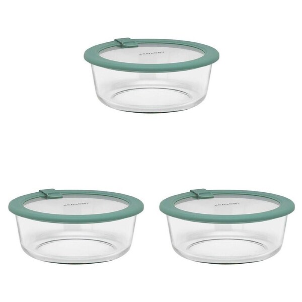 3PK Ecology Store Round Clear Glass Food Storage Container 950ml Eucalyptus